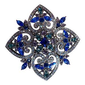 Vtg Joan Rivers Large Blue Rhinestone Brooch Green Crystals Floral Design 2.5"
